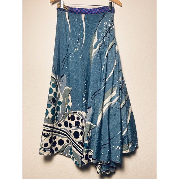 Recycled 100% Silk Long Maxi Wrap Skirt Free Size Blue Abstract Print Gypsy Boho - Picture 7 of 7